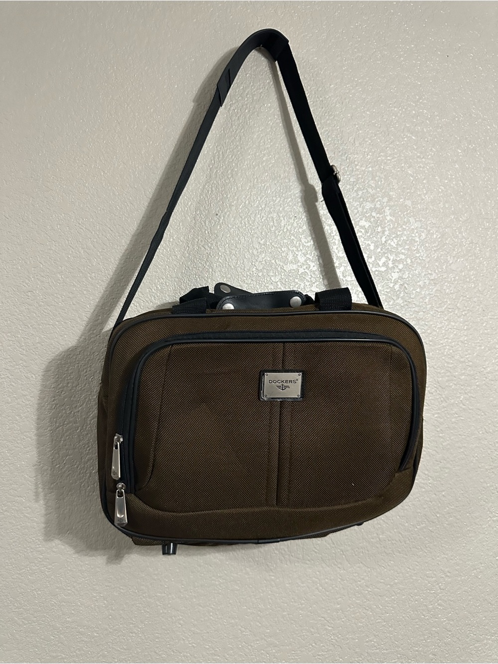 Dockers Dark Brown Canvas Messenger Bag with Black Strap
